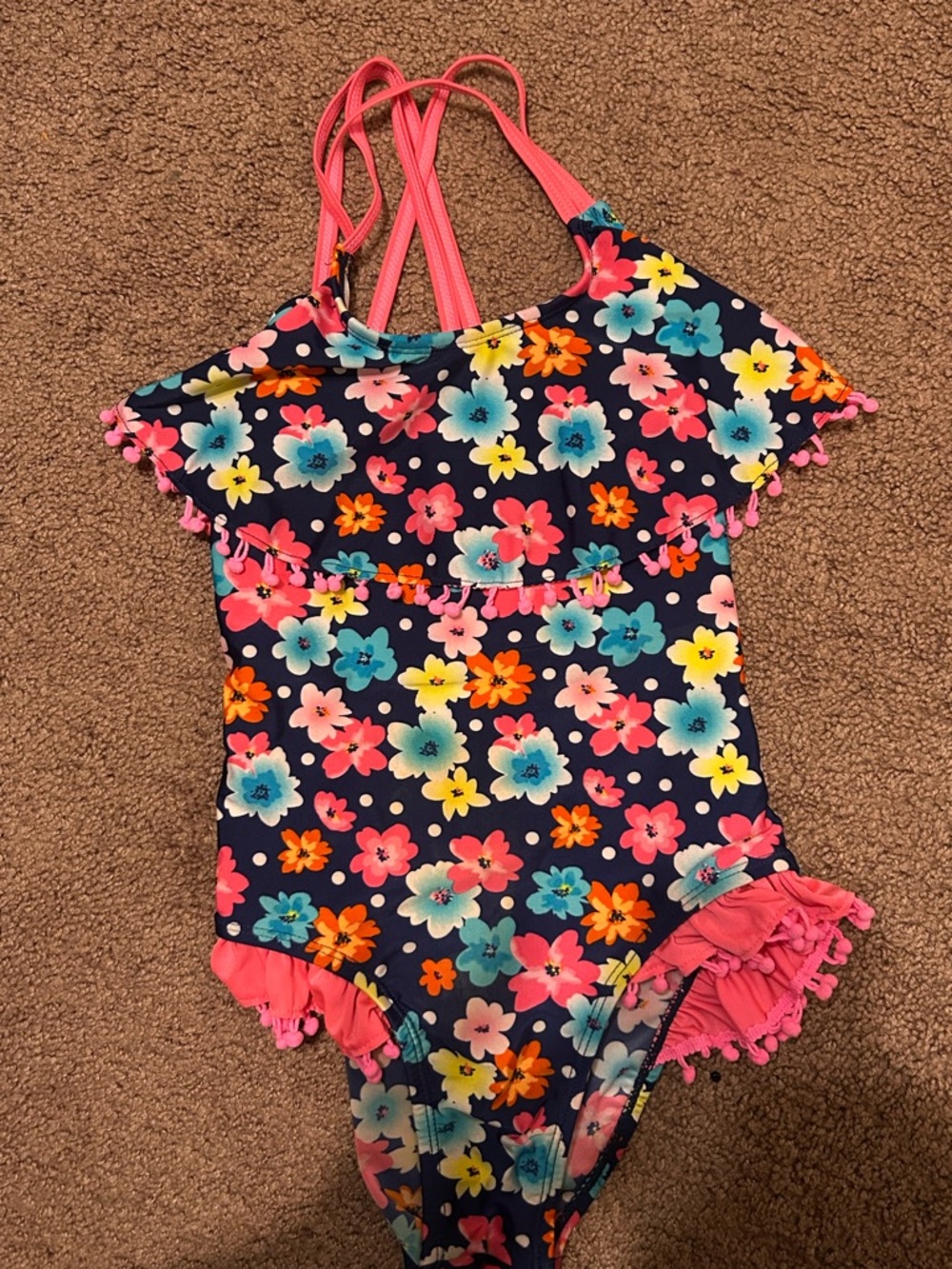 Girls Navy Floral One-Piece Swimsuit with Pink Trim